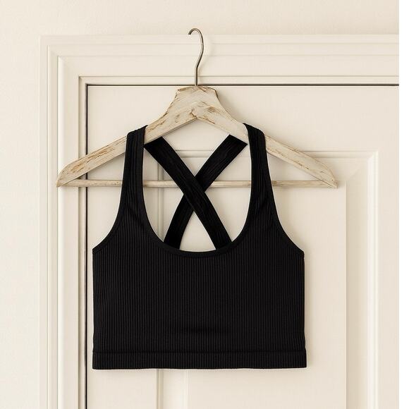 Spiritual Gangster Black Ribbed Sports Bra Crop Tank Crisscross Activewear XS/S - Picture 1 of 5